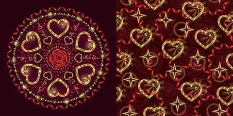 Set of round ornament, seamless pattern for wedding, engagement event, Valentines Day, gift decoration. Roses, golden heart, ribbons, beads on dark red background. Vintage style
