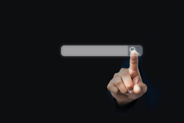 A sign for the Search Engine Optimization SEO Networking Concept is pointed out by the man. using a search bar that is empty to search an internet data information browser.