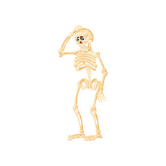 Cute skeleton scratching head vector illustration. Cartoon drawing of funny spooky Halloween character isolated on white background. Halloween, fantasy concept