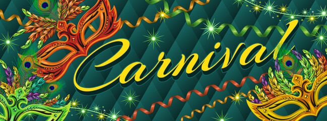 Horizontal carnival banner with masks, streamers, spiral ribbons, feathers, shiny stars, text. Classic volume rhombic grid on background. Ticket, invitation design for carnival, party in vintage style