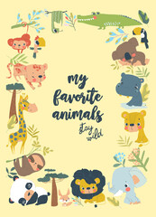 Cartoon Frame with Cute Animals from Different Continents