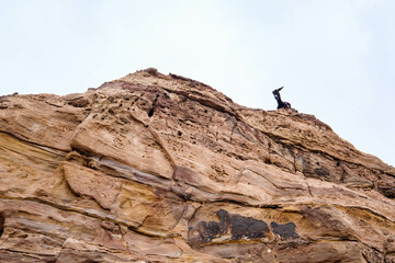Fototapeta na wymiar donkey climbed on a cliff in Petra, Jordan