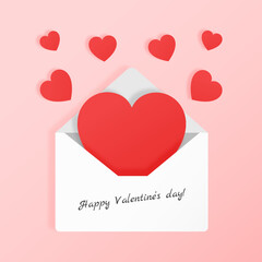 White paper envelope with red Valentines hearts on a pink background. Flat lay, top view. Romantic love letter for Valentine's day concept