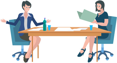 Women sit at table and communicate. Colleagues spend time together during work or rest. Characters discussing tasks at workplace. Working meeting, communication, dialogue, conversation concept