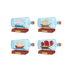 Ships inside horizontal glass bottles vector illustrations set. Drawings of souvenirs, miniature models of sea vessels isolated on white background. Decoration, hobby or craft, adventure concept