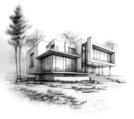 Entwurf Skizze von einem Gebäude, Architektur, Zeichnung, Illustration, generative KI