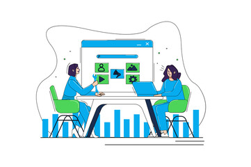 Marketing blue and green concept with people scene in the flat cartoon style. Two women are working in the office on the promotion of a new product