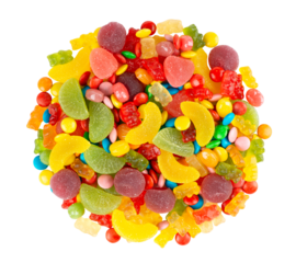 Mixed colorful candies isolated on transparent background. Png format	
