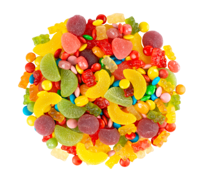 Mixed colorful candies isolated on transparent background. Png format	

