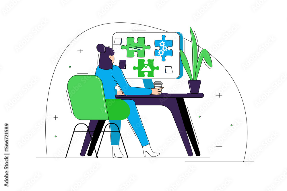 Wall mural ui ux programming blue and green concept with people scene in the flat cartoon design. designer deve