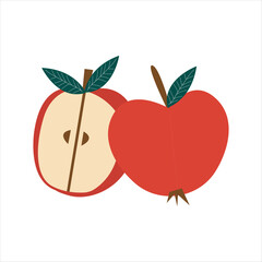 Set of apples and sliced apples (whole, half) isolated on white background with flat and cartoon style.