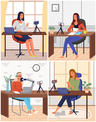 Podcaster woman character in office room interior. Girl with headphone listening audio podcast and speaking at live streaming use smartphone and laptop. Podcaster making, blogger, technology concept