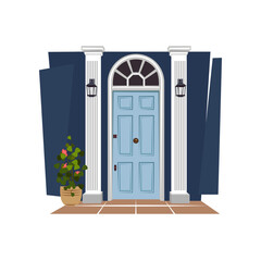 House or apartment entrance, wall with columns, potted flower, lamps and casement window at wooden door isolated on white background. Porch flat vector illustration. Exterior design concept