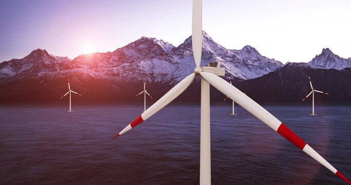 Aerial view of wind turbine farm. Green electric energy production. Technology and energy related 3d concept animation.
