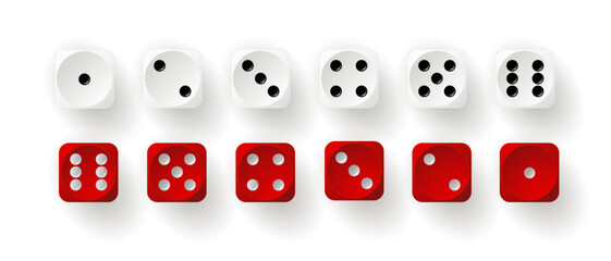 Dice game with cubes vector illustration. Cubes gambling objects to play in casino, dice from one to six dots and rounded edges