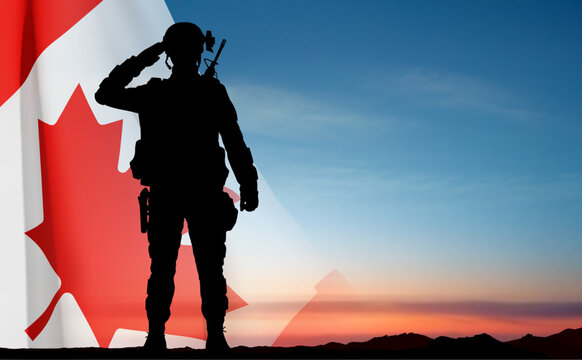 Silhouette of saluting soldier with Canada flag against sunset sky. Armed Forces of Canada. EPS10 vector