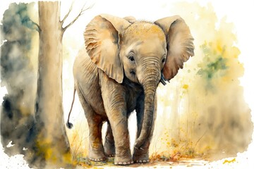 Cute baby elephant is walking in forest. Watercolor painting of cute calf wild animals. Generative AI