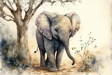Foto op Aluminium Cute baby elephant is walking in forest. Watercolor painting of cute calf wild animals. Generative AI © Kanisorn
