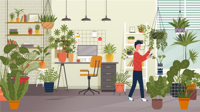 Work at home concept design. Freelancer man working on laptop at his house and caring for indoor plants. Online study, education. Person in office or living room interior with many potted plants