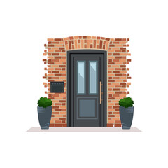 House or apartment entrance, brick wall with potted plants around wooden door isolated on white background. Porch flat vector illustration. Exterior design concept