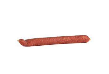 Thin whole half-smoked sausage on a white background.