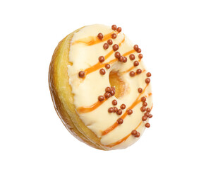 Sweet tasty glazed donut with crispy balls isolated on white
