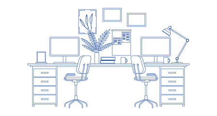Modern home office interior line art. Remote workplace with desk, chair, computer and potted plants. Front view of empty working place with furniture. Workspace, freelance or studying concept