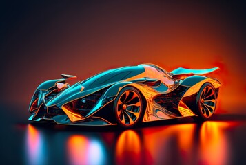 Front angle view of futuristic neon orange illuminated car, digital illustration. generative ai