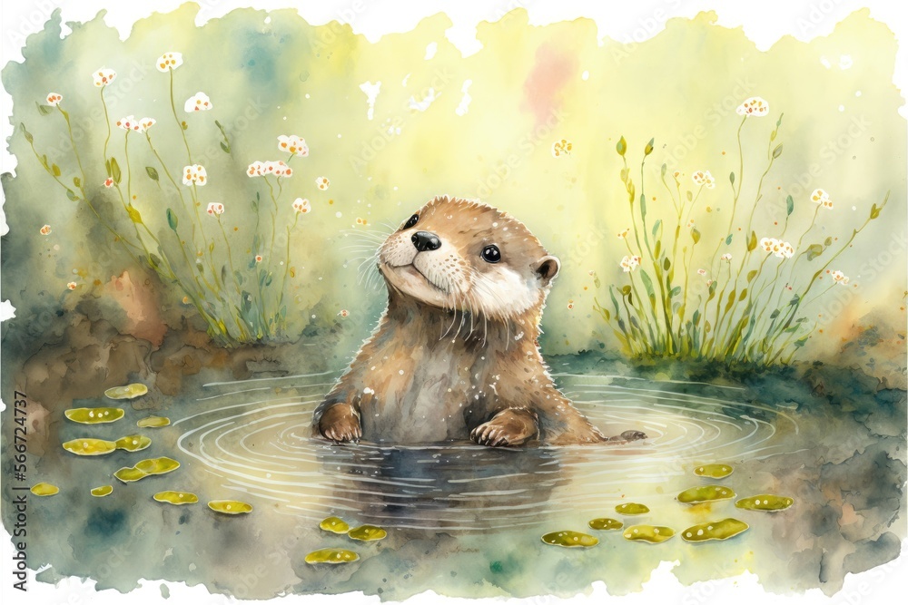 Sticker Cute otter is playing in lake. Watercolor painting of cute otter wild animals. Generative AI