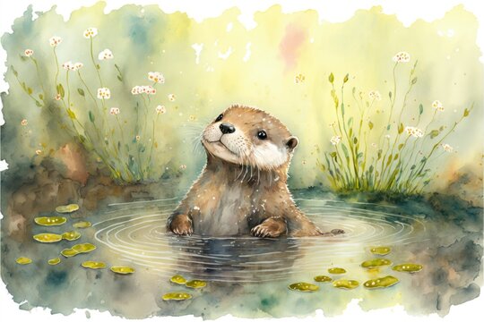 Cute otter is playing in lake. Watercolor painting of cute otter wild animals. Generative AI