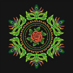 Round green pattern like mandala for Carnival. Masquerade mask, colorful feathers, peacock feather, spiral ribbons, streamers, beads, rose. For prints, clothing, back of t shirt, plate, surface design