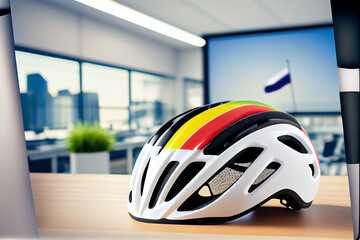 Bicycle helmet on table in office.