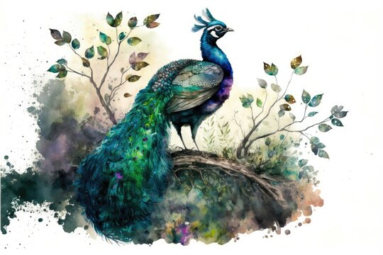 Cute peacock spreading wings in the forest. Watercolor painting of cute bird animals. Generative AI