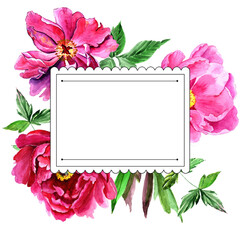 
Watercolor pink peonies in a congratulatory frame.