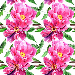 Watercolor pink peonies in a seamless pattern. Can be used as fabric, wallpaper, wrap.