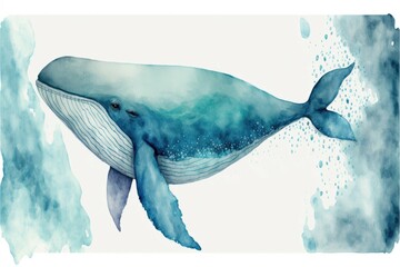Cute whale in the ocean. Watercolor painting of cute aquatic animals. Generative AI