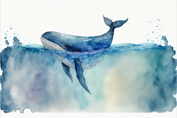 Cute whale in the ocean. Watercolor painting of cute aquatic animals. Generative AI - obrazy, fototapety, plakaty
