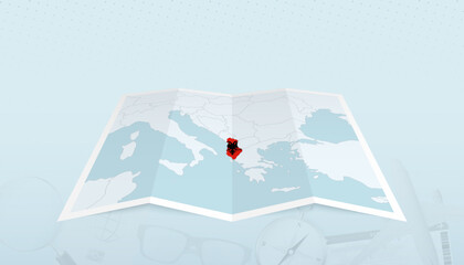 Map of Albania with the flag of Albania in the contour of the map on a trip abstract backdrop.