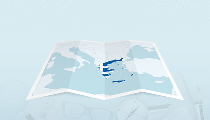 Map of Greece with the flag of Greece in the contour of the map on a trip abstract backdrop.