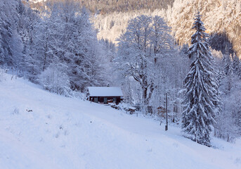 Hallstatt. Scenic view of the snow-capped mountains on a sunny morning.