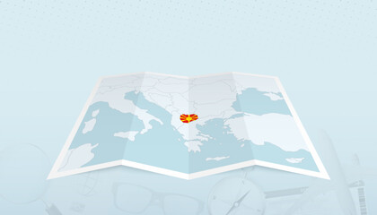 Map of North Macedonia with the flag of North Macedonia in the contour of the map on a trip abstract backdrop.
