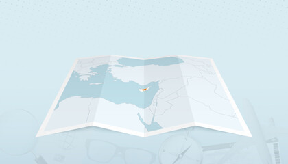 Map of Cyprus with the flag of Cyprus in the contour of the map on a trip abstract backdrop.