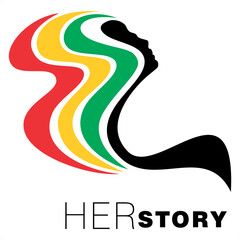 An abstract representation of a woman with the text HerStory for Black History Month on an isolated white background