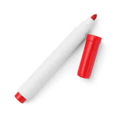 Bright red marker isolated on white, top view. School stationery