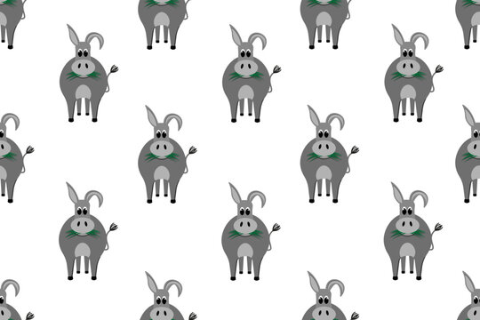Seamless pattern with cartoon little donkey on white background. Endless backdrop with burro. Wallpaper and bed linen print with farm animal.