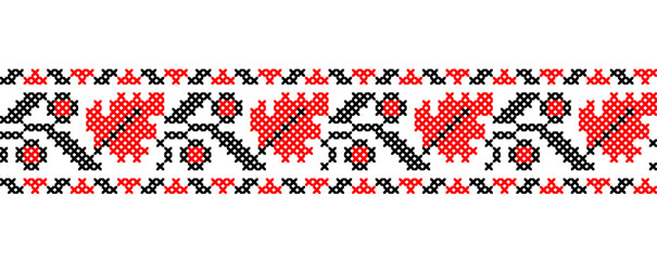 Ukrainian vector ornament with leaves and flowers. Ukrainian traditional embroidery pattern, border, ornament . Seamless pattern in red and black colors. Pixel art, vyshyvanka, cross stitch - obrazy, fototapety, plakaty
