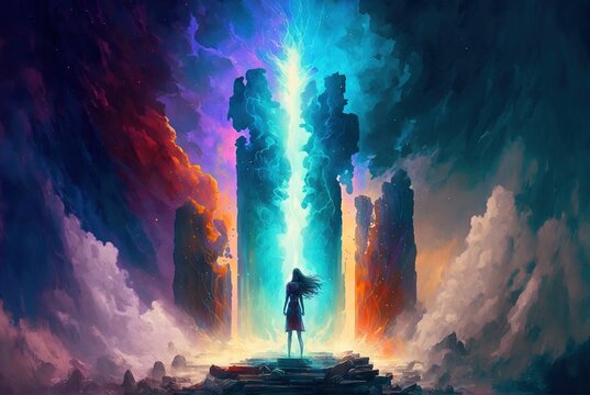 Lucid Dream Of  Pillar Of Light, Silhouette Of Human Vivid Watercolor Style Illustration Generatiev Ai