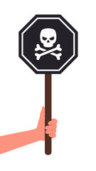 Hand holds black road sign with skull and bones vector illustration