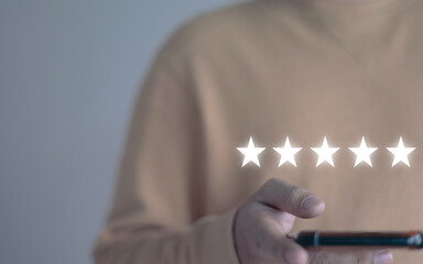 Customer Service and Satisfaction Concept, Customer Highly Satisfied five stars over the phone