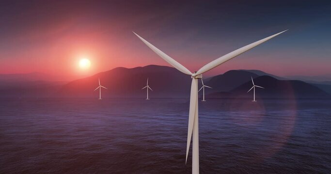 Single wind turbine generating clean energy in the ocean. Technology and energy related 3d concept animation.
